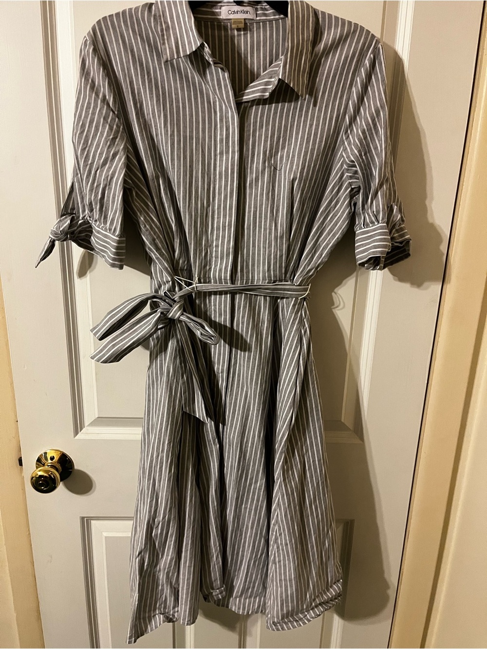 Calvin Klein Gray and White Striped Midi Shirt Dress